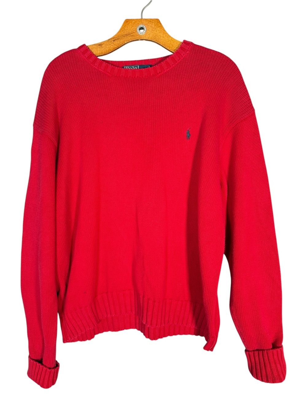 Vintage Polo Ralph Lauren Men's Red Cotton Knit Sweater Crew Neck Logo Preppy XL
